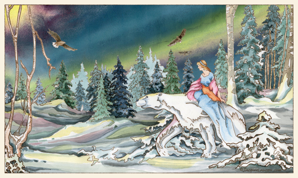 Illustration by Bev Pask-Hughes of the Princess and Valemon the White Bear King