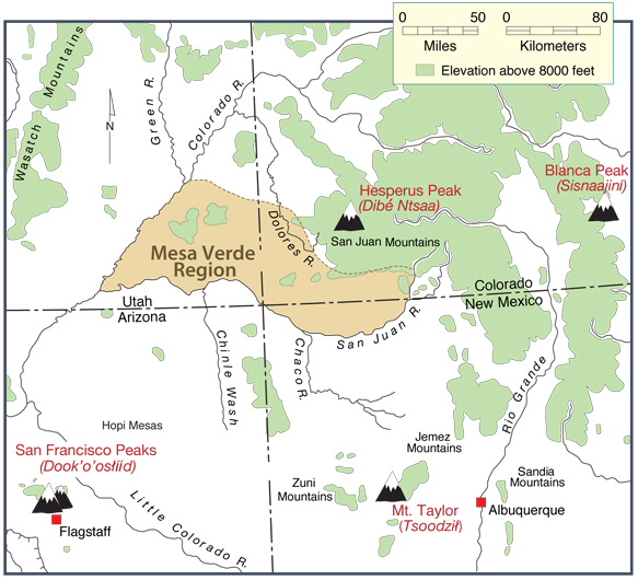 Four Sacred Mountains Map as seen in Peoples of the Mesa Verde Region