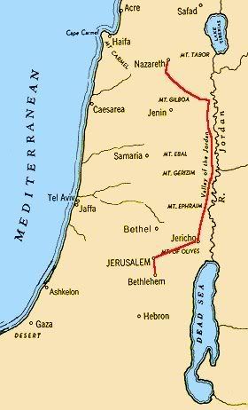 Map of the journey from Nazareth to Bethlehem